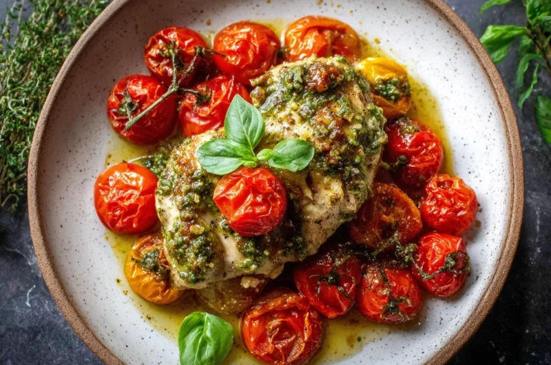 Creamy Pesto Chicken with Roasted Tomatoes Recipe