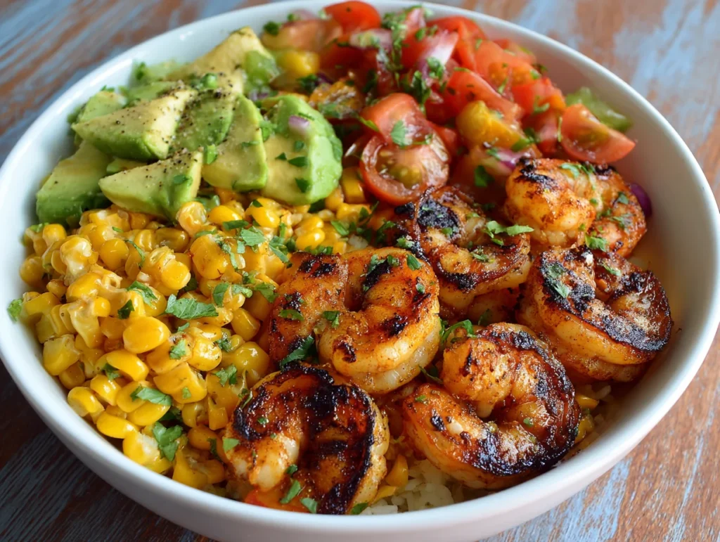 Grilled Shrimp Bowl with Avocado Corn Salsa