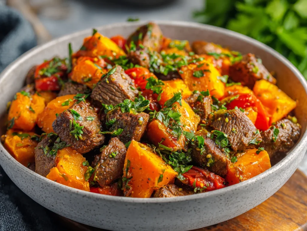 Enjoy the perfect balance of sweet, savory, and spicy with this Sweet Potato Beef Bowl topped with creamy cottage cheese and drizzled with hot honey — a wholesome, flavorful meal ready in just 30 minutes.