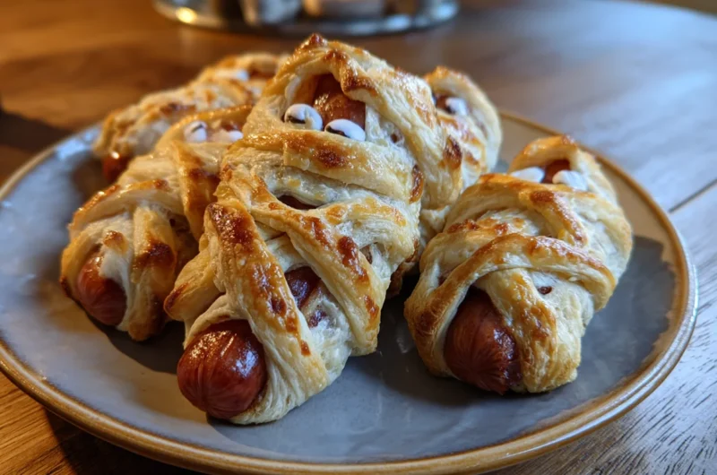 Mummy Puff Pastry Wrapped Sausages for Halloween Parties