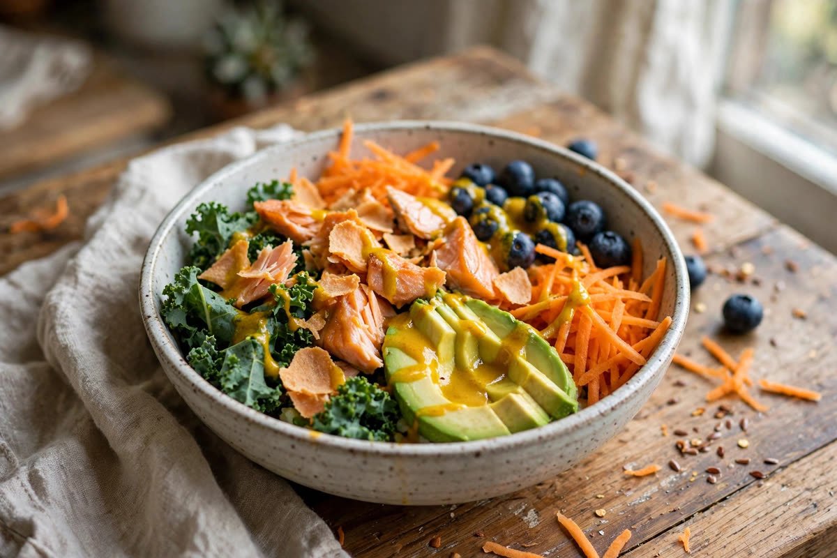 Anti-inflammatory salmon power bowl with kale, avocado, blueberries and turmeric dressing