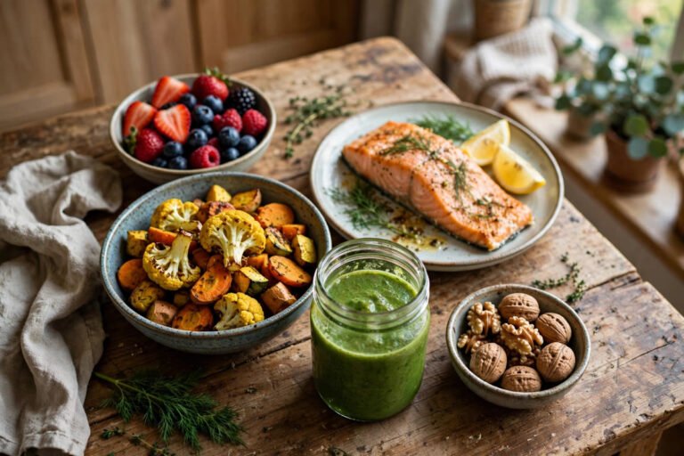 Anti-inflammatory meal plan weekly spread with baked salmon, berries, turmeric vegetables and green smoothie