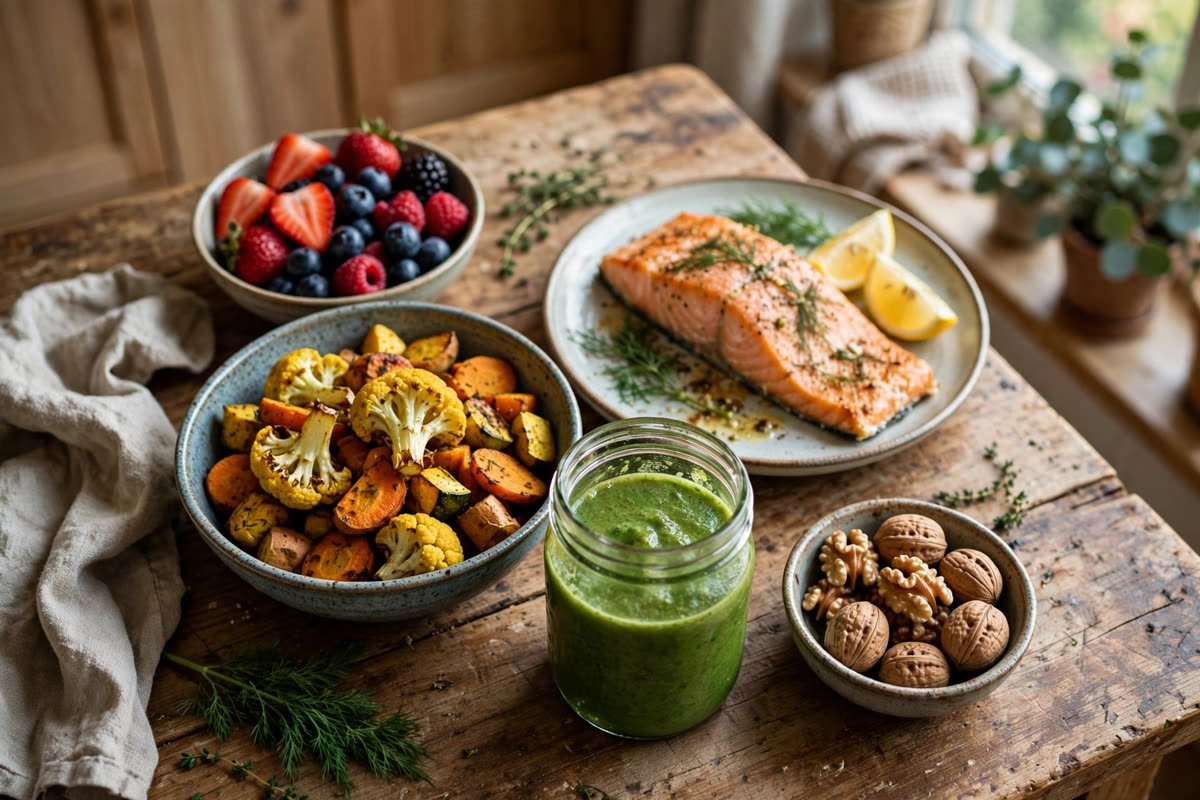 Anti-inflammatory meal plan weekly spread with baked salmon, berries, turmeric vegetables and green smoothie
