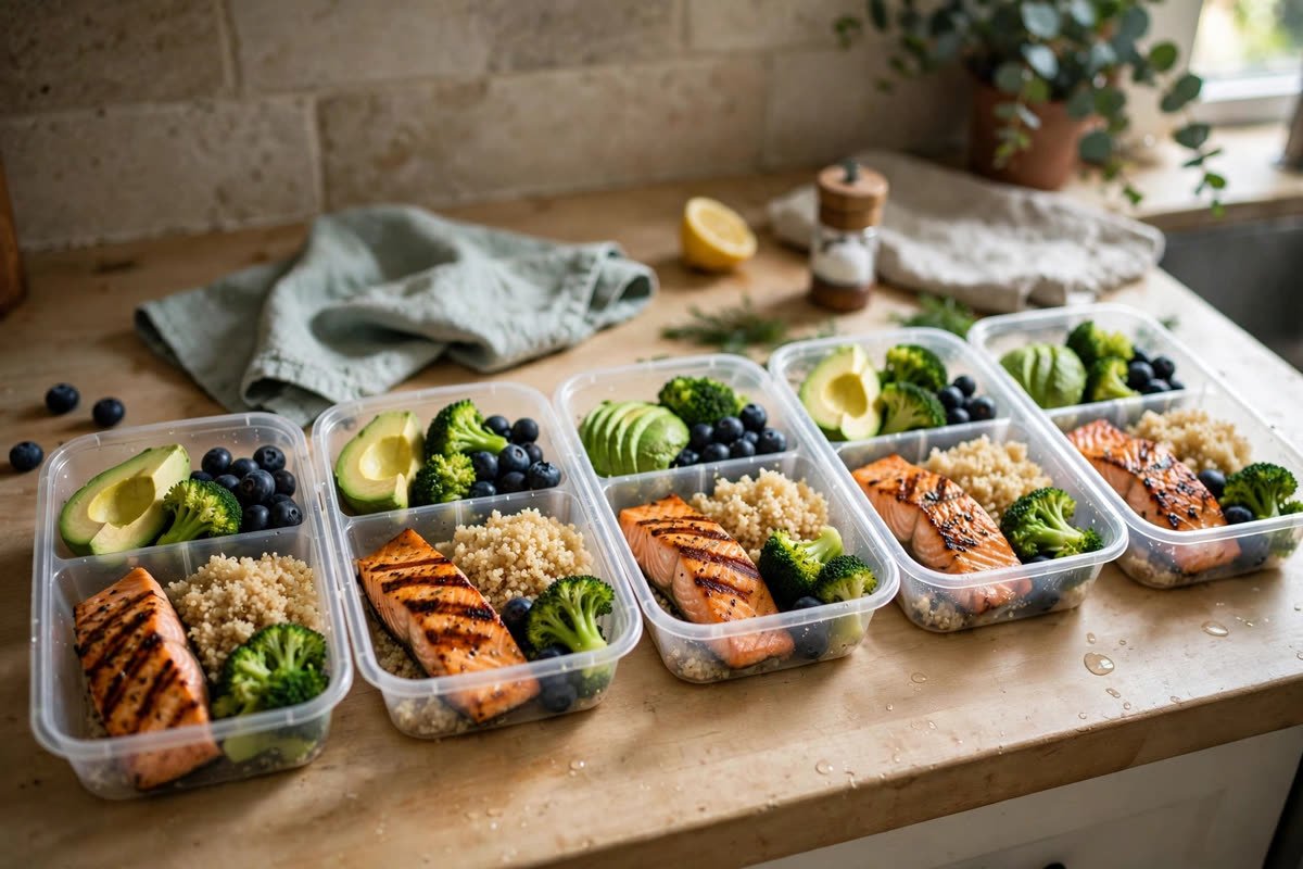 Anti-inflammatory meal prep containers with salmon, quinoa, broccoli, blueberries and avocado