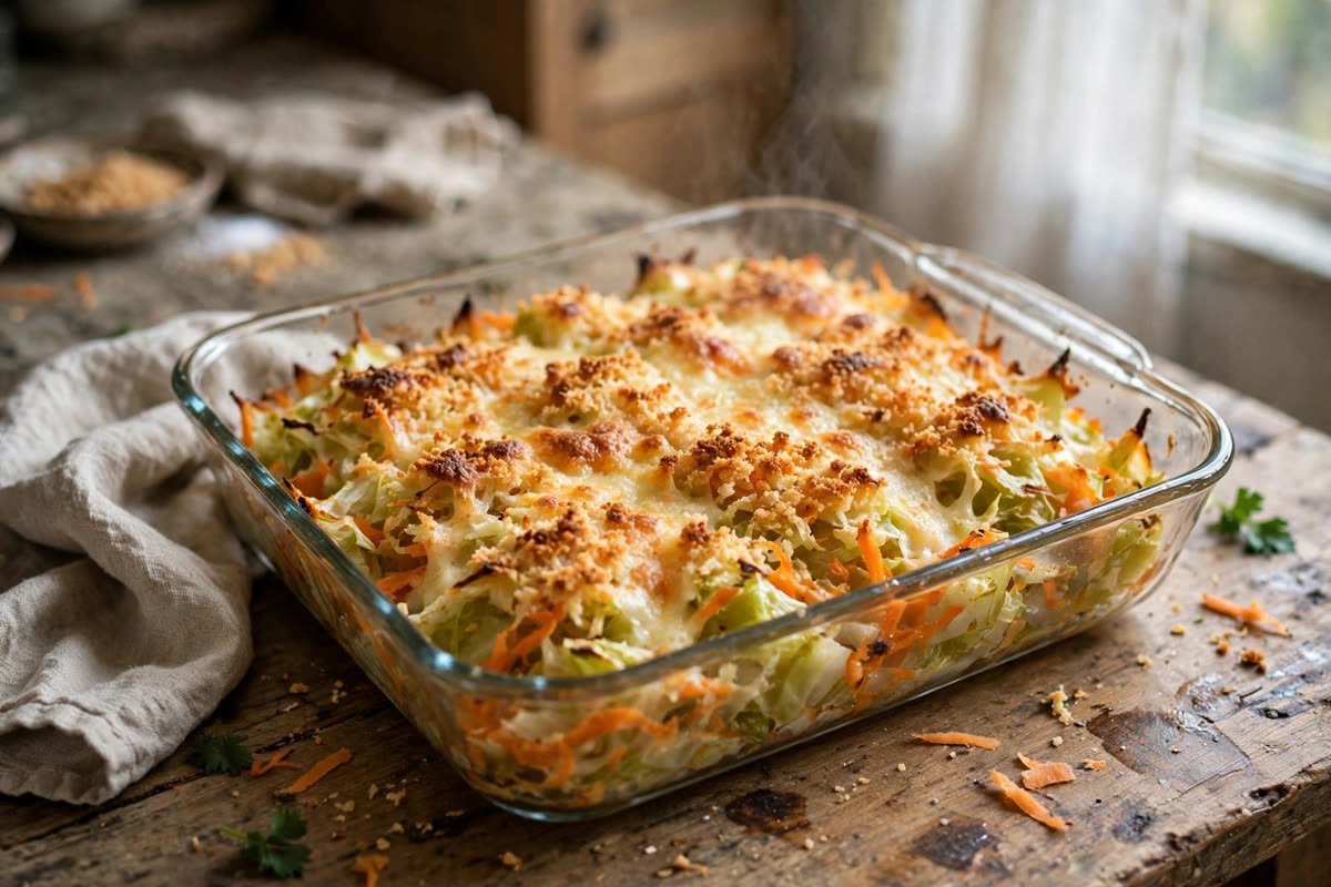 Savory cabbage and carrot bake with golden cheese topping in a glass baking dish