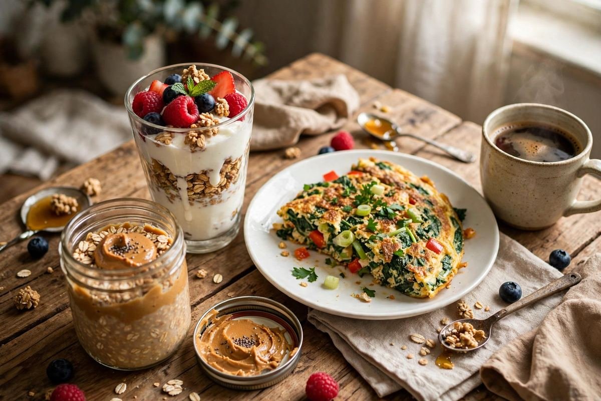 High protein breakfast spread with yogurt parfait and omelet