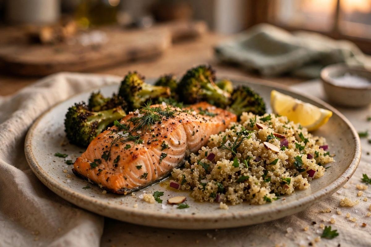 Baked salmon high protein dinner with quinoa and broccoli