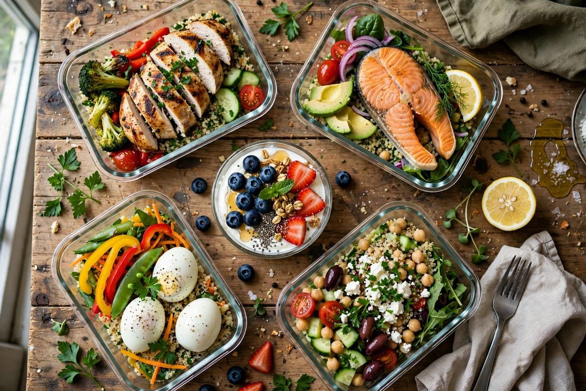 High protein meal prep containers with chicken, salmon and eggs