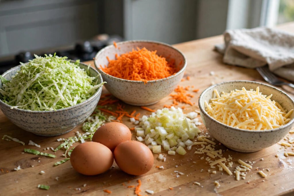 Ingredients for cabbage and carrot bake: shredded cabbage, grated carrots, onion, eggs and cheese