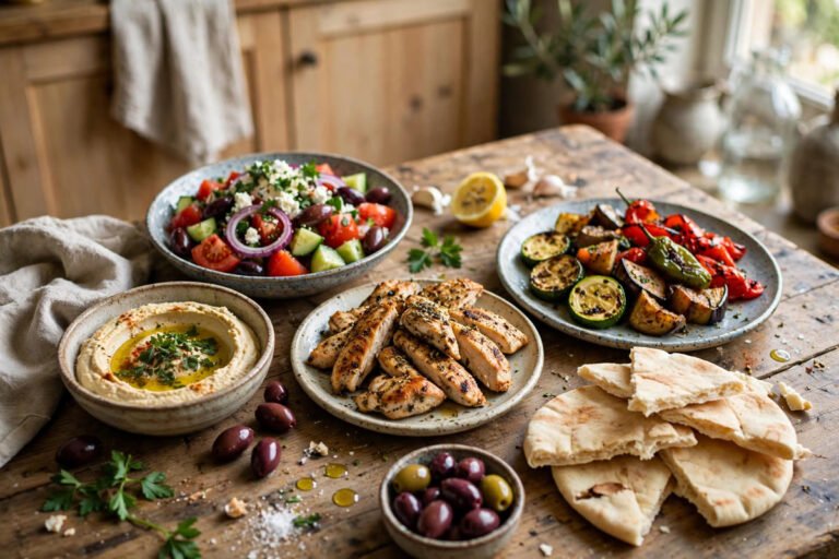 Mediterranean diet meal plan weekly spread with grilled chicken, Greek salad, hummus and roasted vegetables