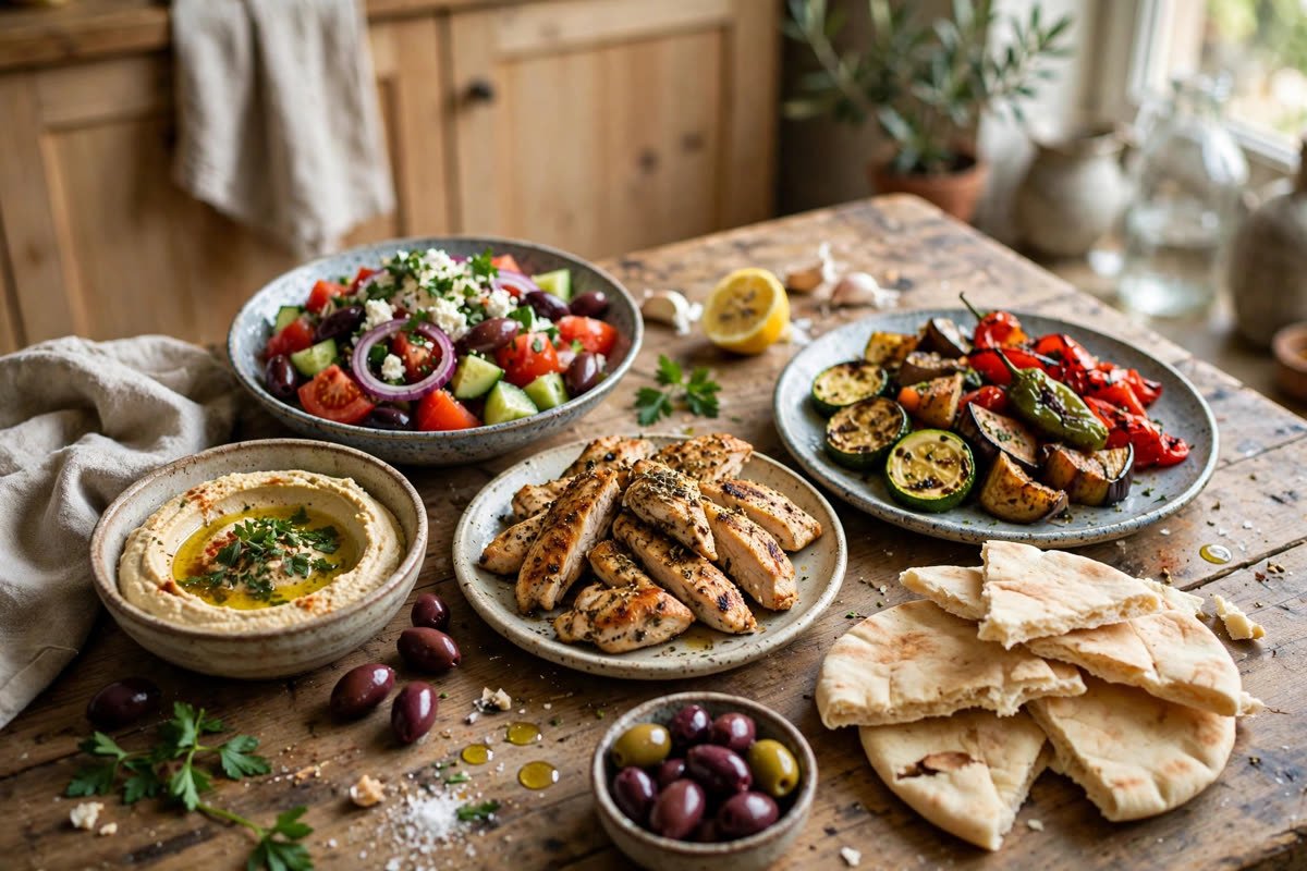 Mediterranean diet meal plan weekly spread with grilled chicken, Greek salad, hummus and roasted vegetables