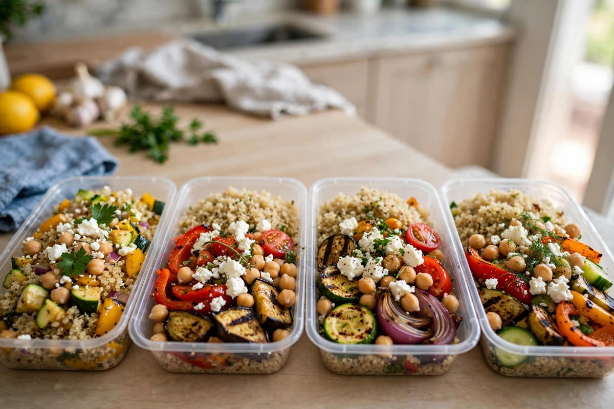 Mediterranean meal prep containers with quinoa, grilled vegetables, chickpeas and feta