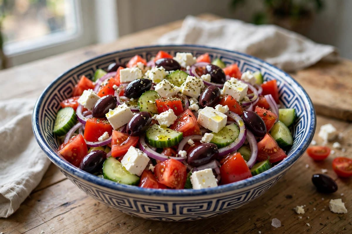 Greek salad bowl with tomatoes, cucumber, olives and feta cheese