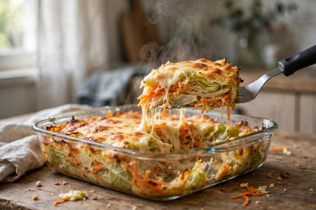Slice of cheesy cabbage and carrot bake being lifted from the baking dish